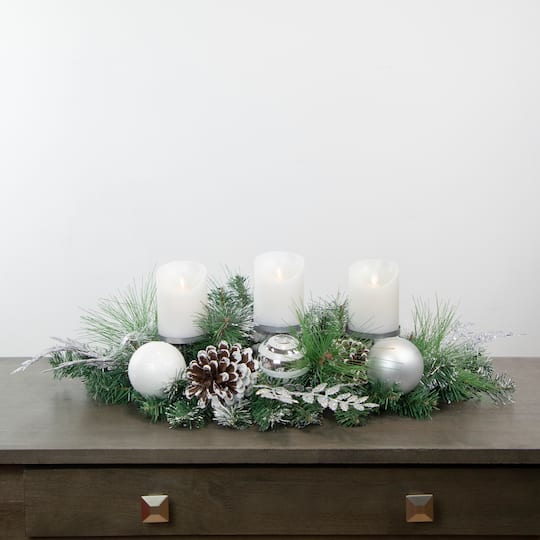 30" Green Pine & Needle Triple Candle Holder with Pinecones & Christmas Ornaments